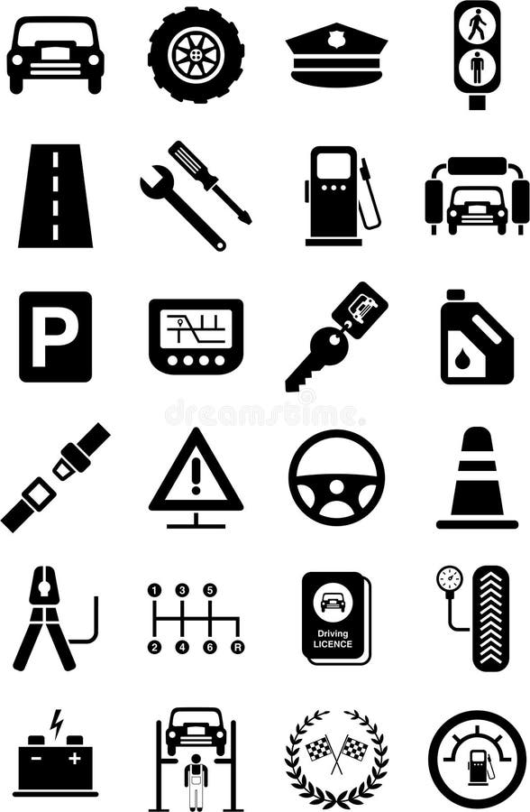 Icons of motor vehicles, traffic & mechanical stock illustration