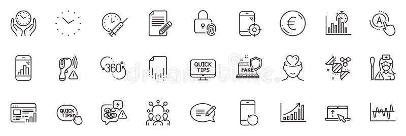 Icons pack as Ab testing, Article and Swipe up line icons for app include Euro money, Graph phone, Stress outline thin icon web set. Chemistry dna, Recovery file, Fake internet pictogram. Vector. Pack up time vectors