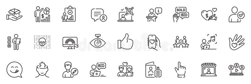 Icons pack as Inspect, Social care and Identity confirmed line icons. For web app. Vector vector illustration
