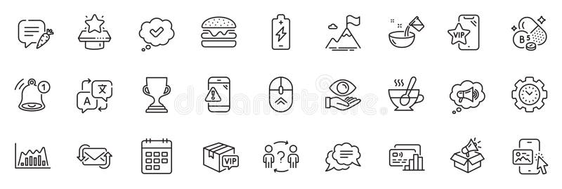 Icons pack as Translate, Chat bubble and Warning message line icons for app include Cooking water, Reminder, Tea cup outline thin icon web set. Swipe up, Calendar, Time management pictogram. Vector. Pack up time illustrations
