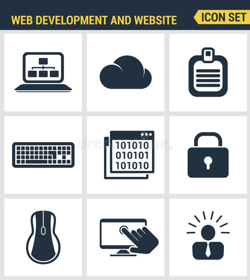 Icons set premium quality of web development and website programming process, webpage coding and user interface creating stock illustration