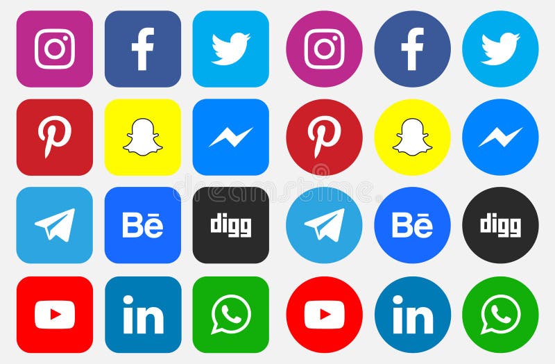 Icons and Social Media Logos On an isolated white background Facebook Twitter Instagram LinkedIn Pinterest Youtube WhatsApp Snapchat Messenger Digg Telegram Behance