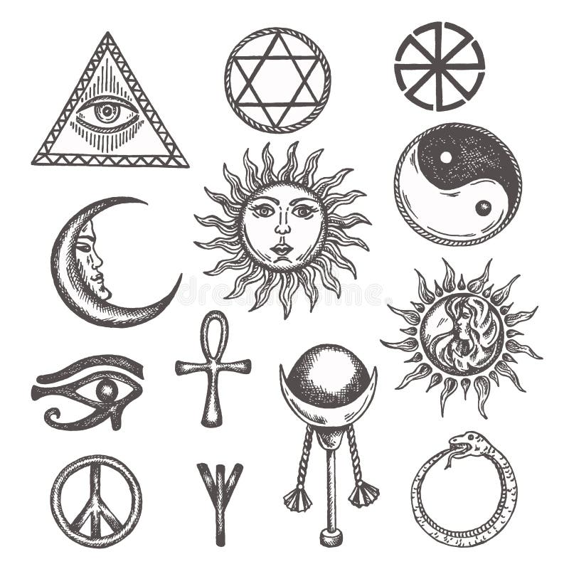 Icons and symbols of white magic, occult, mystic, esoteric, masons Eye of P...