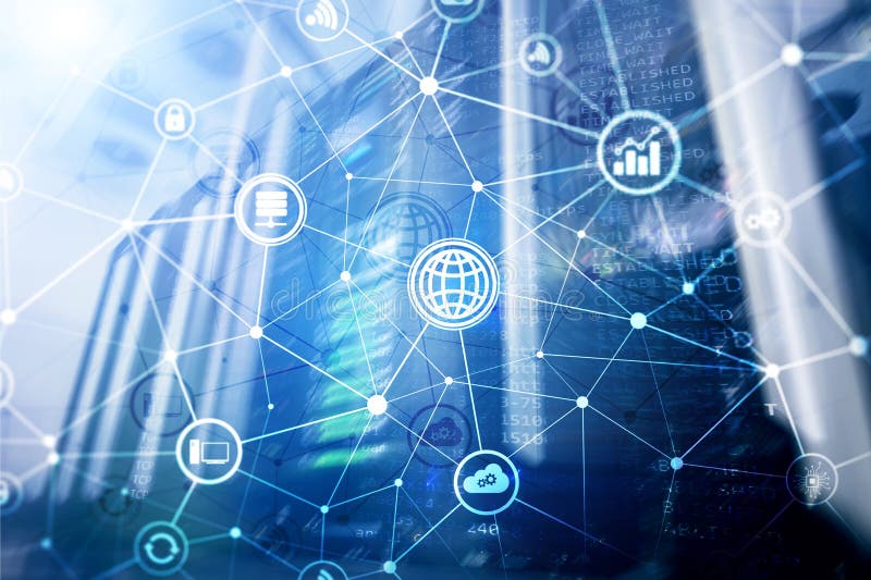 ICT - information and telecommunication technology and IOT - internet of things concepts. Diagrams with icons on server stock photos