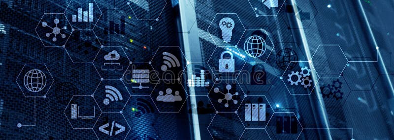ICT - information and telecommunication technology and IOT - internet of things concepts. Diagrams with icons on server room backg royalty free stock photos