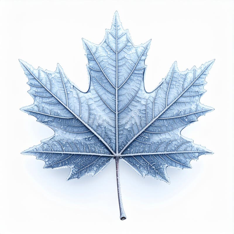 Icy Blue Maple Leaf in Frost on White Background Detailed Macro View royalty free illustration