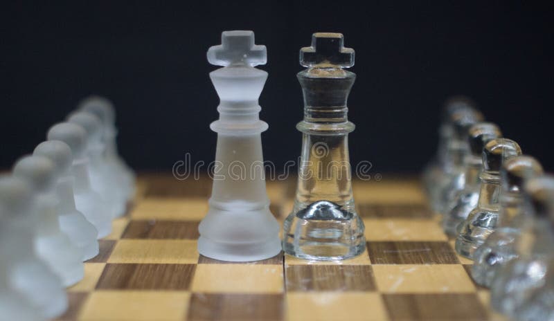 Icy Knight chess pieces on a black background stock photo