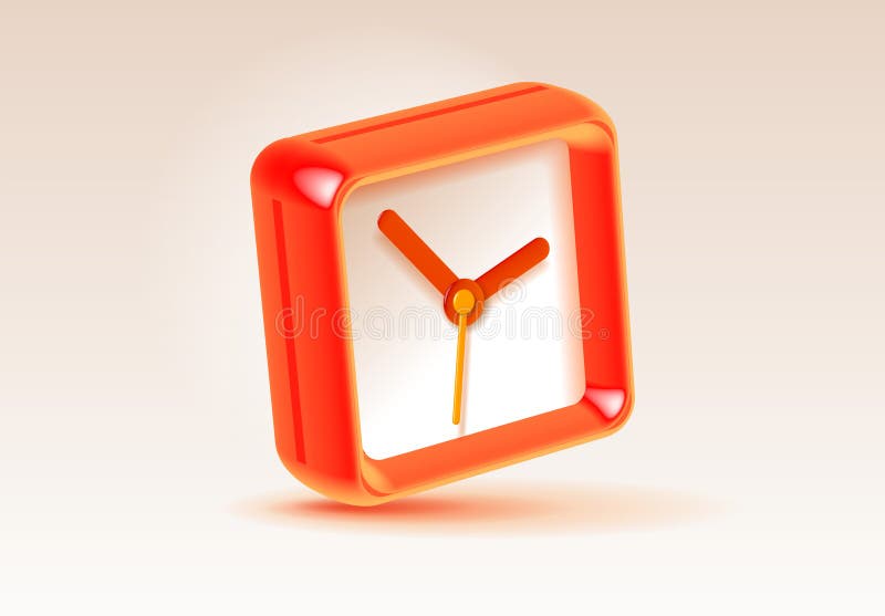 Icône d'horloge carrée en style vectoriel 3d avec effet brillant. Temps orange sur fond clair. Montre couleur. Élément de concepti illustration de vecteur