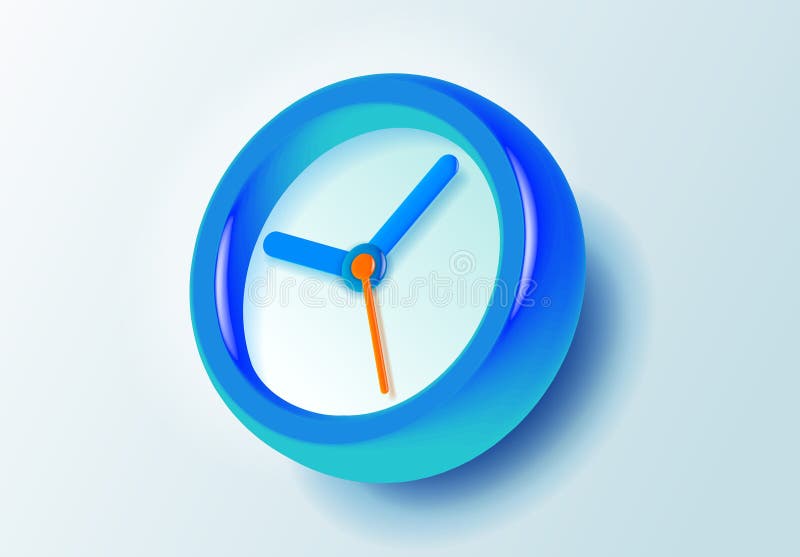 Icône d'horloge dans le style vectoriel 3d avec effet de lumière de verre. heure bleue sur fond clair. montre couleur illustration stock