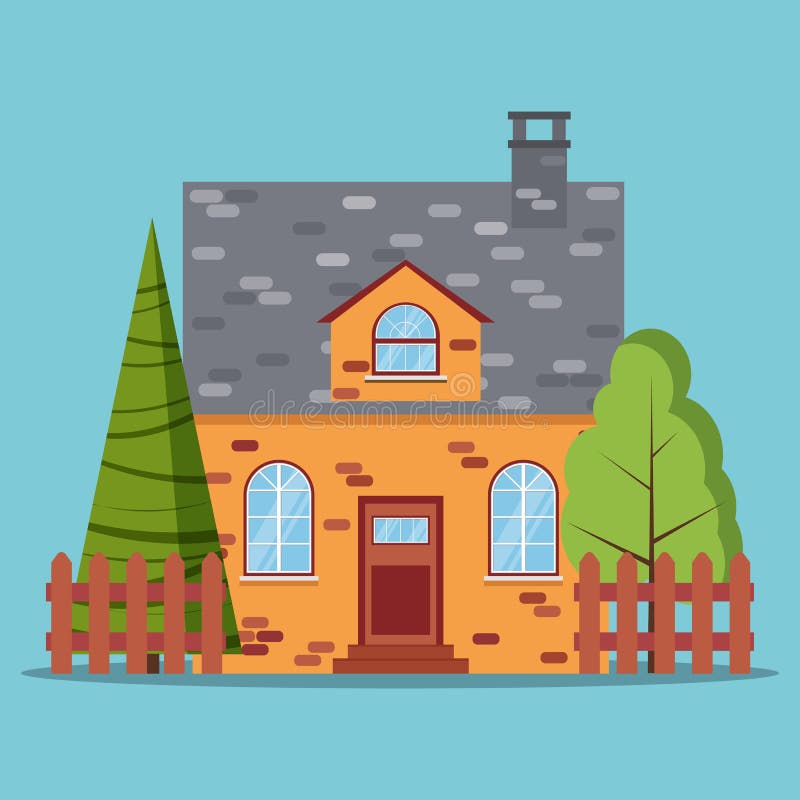Icône d'isolement de cottage de ferme de brique avec des barrières, arbre vert, sapin dans le style plat de bande dessinée illustration de vecteur Icône d'isolement de cottage de ferme de brique avec des barrières, arbre vert, sapin dans le style plat de bande dessinée illustration de vecteur