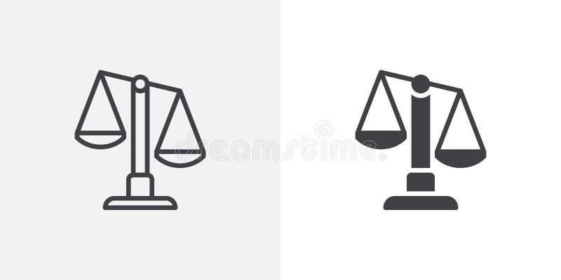 Justice scale icon. line and glyph version, outline and filled vector sign. Scales balance linear and full pictogram. Symbol, logo illustration. Different style icons set. Justice scale icon. line and glyph version, outline and filled vector sign. Scales balance linear and full pictogram. Symbol, logo illustration. Different style icons set