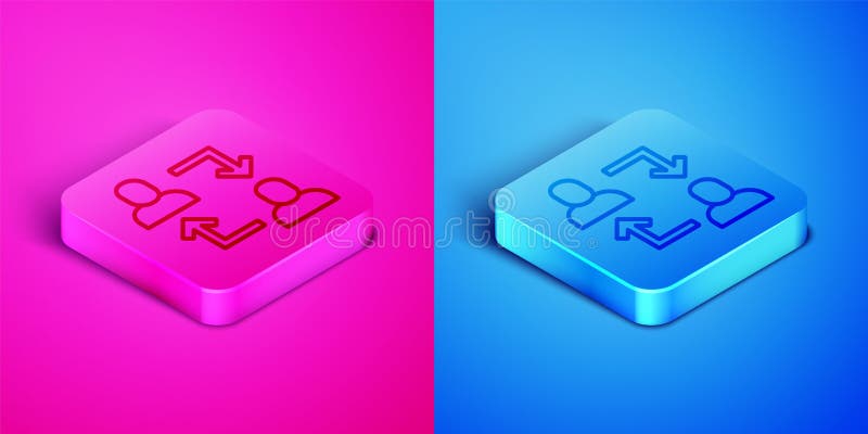 Isometric line Project team base icon isolated on pink and blue background. Business analysis and planning, consulting, team work, project management. Square button. Vector. Isometric line Project team base icon isolated on pink and blue background. Business analysis and planning, consulting, team work, project management. Square button. Vector.