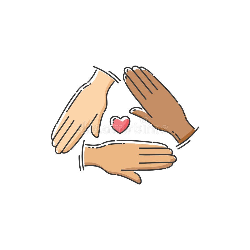 Icône de l'organisme de bienfaisance d'aide communautaire - trois mains de couleur de peau différente formant un triangle avec le