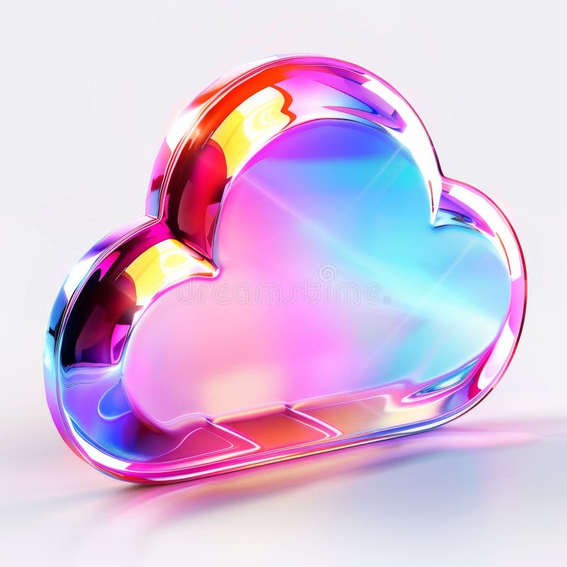 Icône de nuage holographique iridescente jetant des réflexions vives sur fond minimaliste. illustration stock