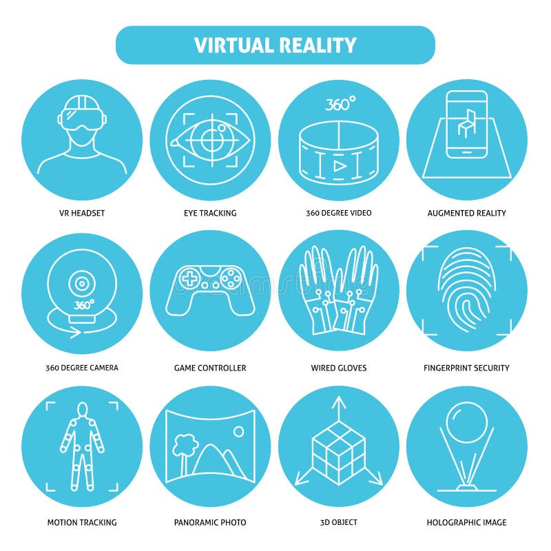 Icône de réalité virtuelle réglée dans la ligne style mince illustration libre de droits Icône de réalité virtuelle réglée dans la ligne style mince illustration libre de droits