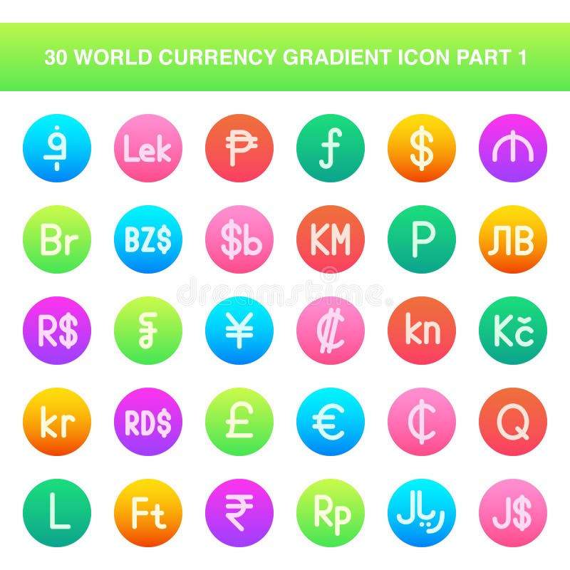 Illustration vector graphic icon of 30 World Currency Icon Set Part 1. Gradient Style Icon. Vector illustration isolated on white background. Perfect for website or application design. Illustration vector graphic icon of 30 World Currency Icon Set Part 1. Gradient Style Icon. Vector illustration isolated on white background. Perfect for website or application design.