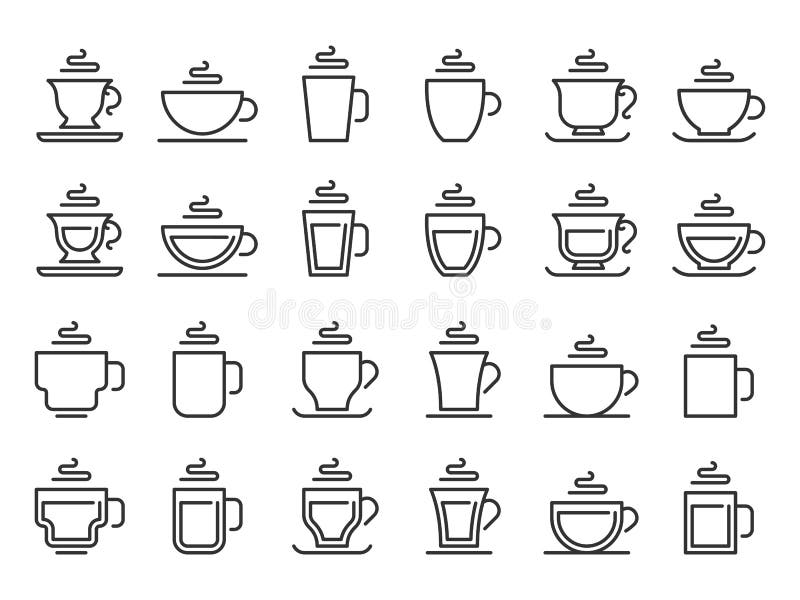 IcÃ´ne du plan de la tasse de boisson chaude. Pictogramme de la ligne des tasses Ã  cafÃ©, ensemble d'icÃ´nes vectorielles de caca