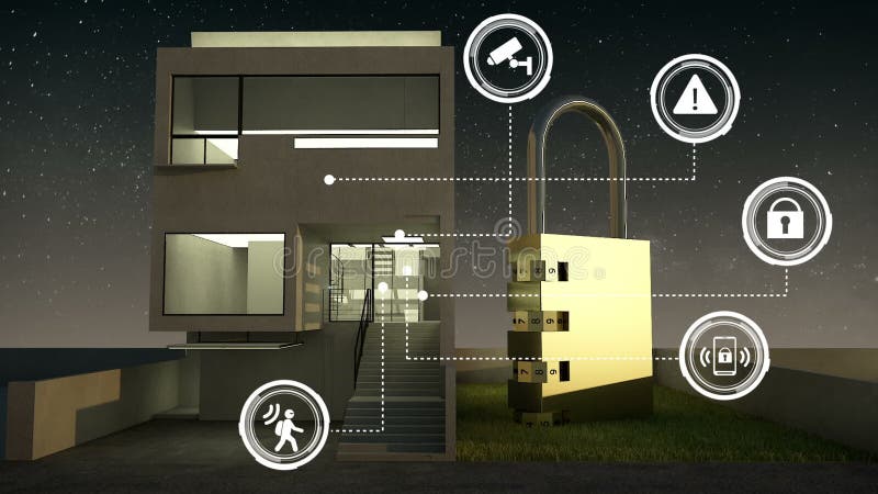 Icône graphique des informations de sécurité d'IoT sur la maison futée, appareils ménagers intelligents, Internet des choses nuit