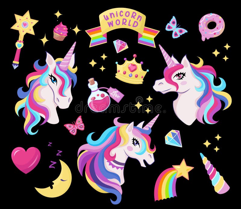 Icône magique unicorne avec baguette magique, étoiles avec arc-en-ciel, diamants, couronne, croissant, coeur, papillon, déco pour illustration libre de droits Icône magique unicorne avec baguette magique, étoiles avec arc-en-ciel, diamants, couronne, croissant, coeur, papillon, déco pour illustration libre de droits