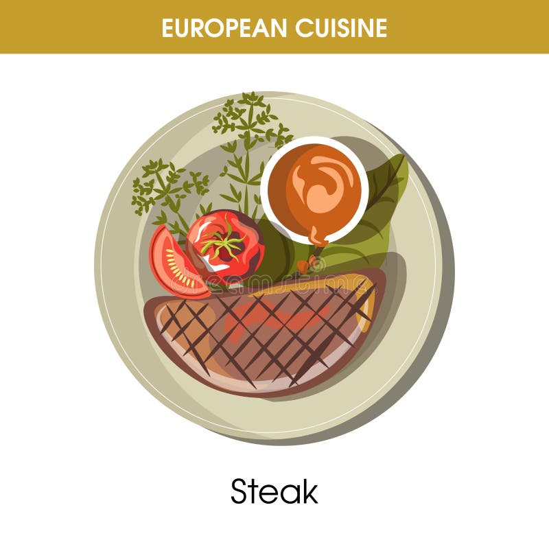 Icône traditionnelle de vecteur de nourriture de plat de cuisine de bifteck européen de viande pour le menu de restaurant illustration stock Icône traditionnelle de vecteur de nourriture de plat de cuisine de bifteck européen de viande pour le menu de restaurant illustration stock