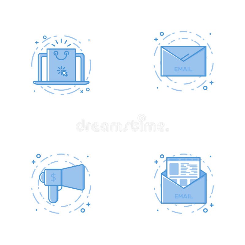 Vector business Illustration in filled bold line style. Set of outline cute and simple icons with laptop with, email letter, speaker and letter. Use in Web Project and App Outline isolated object. Vector business Illustration in filled bold line style. Set of outline cute and simple icons with laptop with, email letter, speaker and letter. Use in Web Project and App Outline isolated object