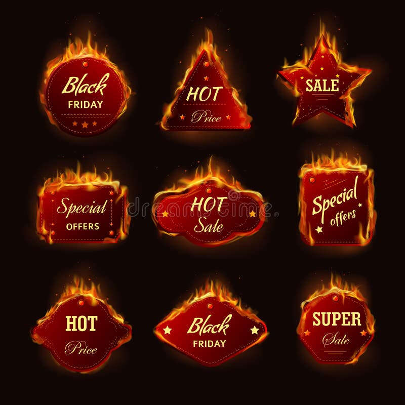 Icônes brûlantes de vecteur d'offre de promo de remise de boutique de vendredi de noir de flamme du feu de vente chaude illustration stock Icônes brûlantes de vecteur d'offre de promo de remise de boutique de vendredi de noir de flamme du feu de vente chaude illustration stock