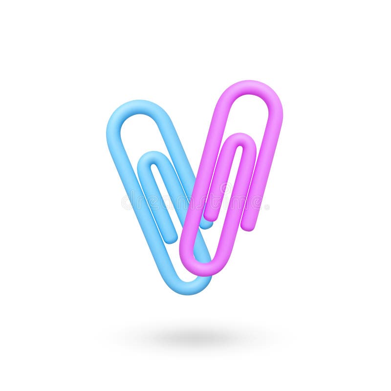 Icônes 3D des clips papier. Fourniture de bureau isolée clip bleu et rose ensemble en forme de coeur romantique concept d'amour. P illustration stock