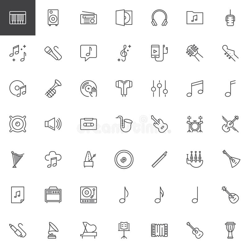 Music instruments outline icons set. linear style symbols collection, line signs pack. vector graphics. Set includes icons as Piano key, Speaker, Radio, Headphones, Microphone, Trumpet, Amplifier. Music instruments outline icons set. linear style symbols collection, line signs pack. vector graphics. Set includes icons as Piano key, Speaker, Radio, Headphones, Microphone, Trumpet, Amplifier