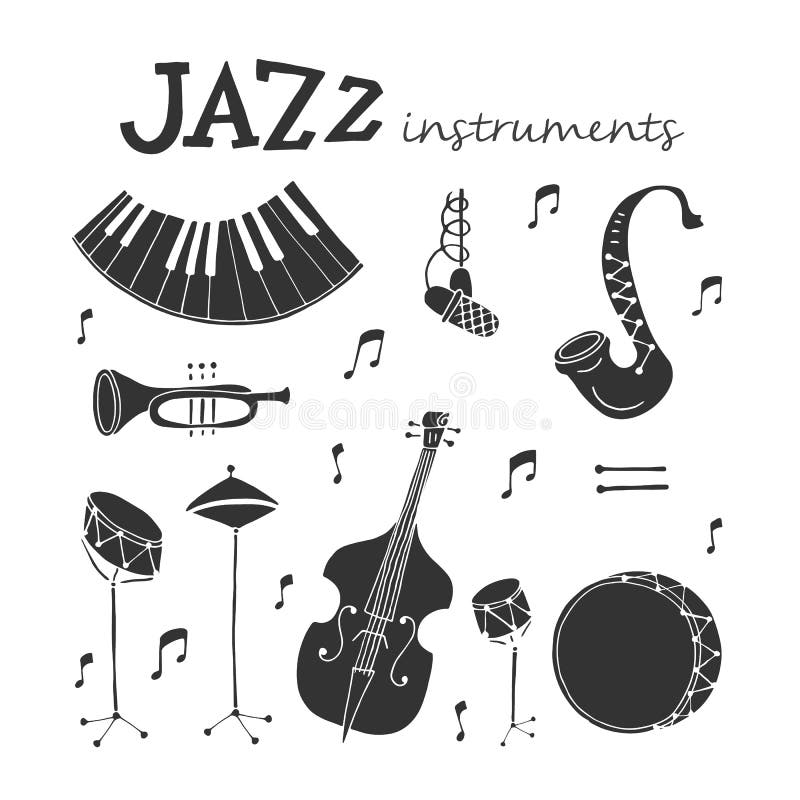 Vector Jazz instruments icons isolated on white background. Saxophone, double bass, piano, trumpet, bass drum and snare drum. Perfect for music events poster, jazz concerts. Vector Jazz instruments icons isolated on white background. Saxophone, double bass, piano, trumpet, bass drum and snare drum. Perfect for music events poster, jazz concerts.