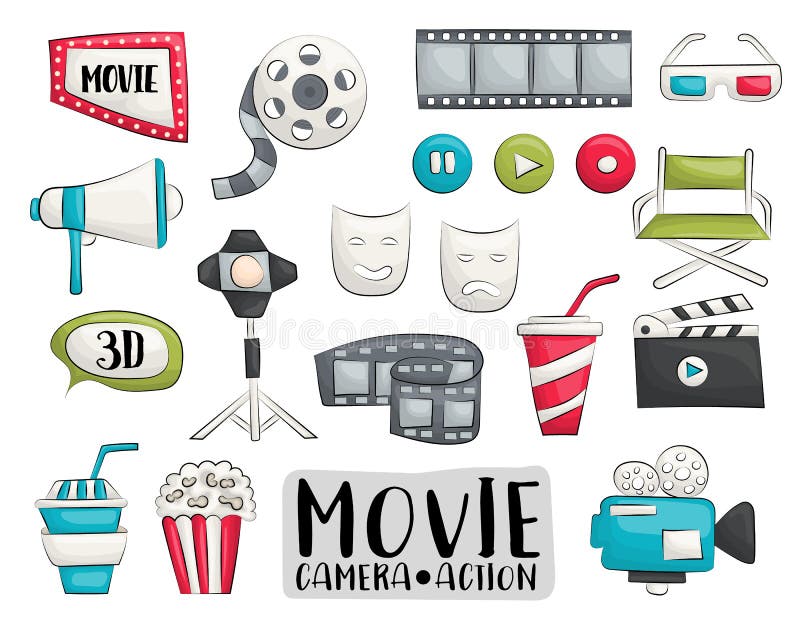 Icônes de cinéma de film réglées Objets tirés par la main colorés de griffonnage illustration de vecteur Icônes de cinéma de film réglées Objets tirés par la main colorés de griffonnage illustration de vecteur