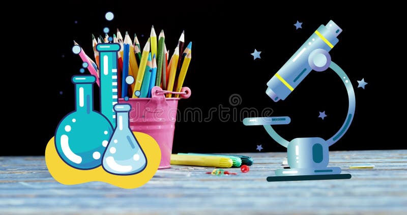 Icônes de concept chimie et science contre seau rempli de crayons colorés sur table en bois illustration libre de droits