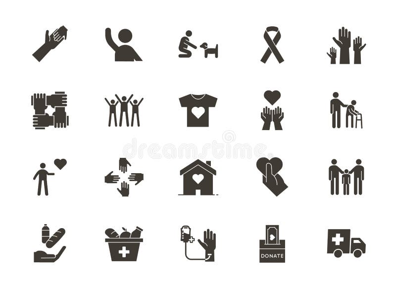 Icônes de glyphe vectoriel plat liées à des causes humanitaires - bénévolat, adoption, dons, charité, organisations à but non luc