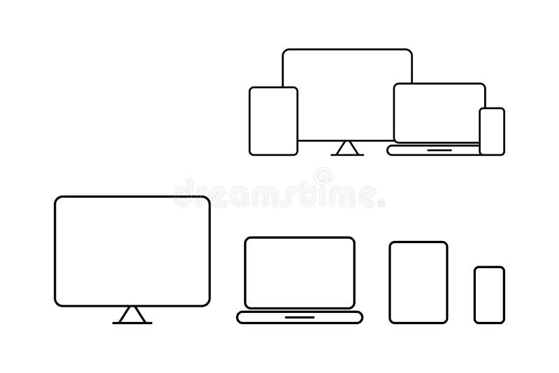 Device Vector Line Icons, isolated. Computer screen, Laptop, Tablet and Phone, Isolated on White Background in modern simple flat linear style for web design. Vector Illustration. Device Vector Line Icons, isolated. Computer screen, Laptop, Tablet and Phone, Isolated on White Background in modern simple flat linear style for web design. Vector Illustration