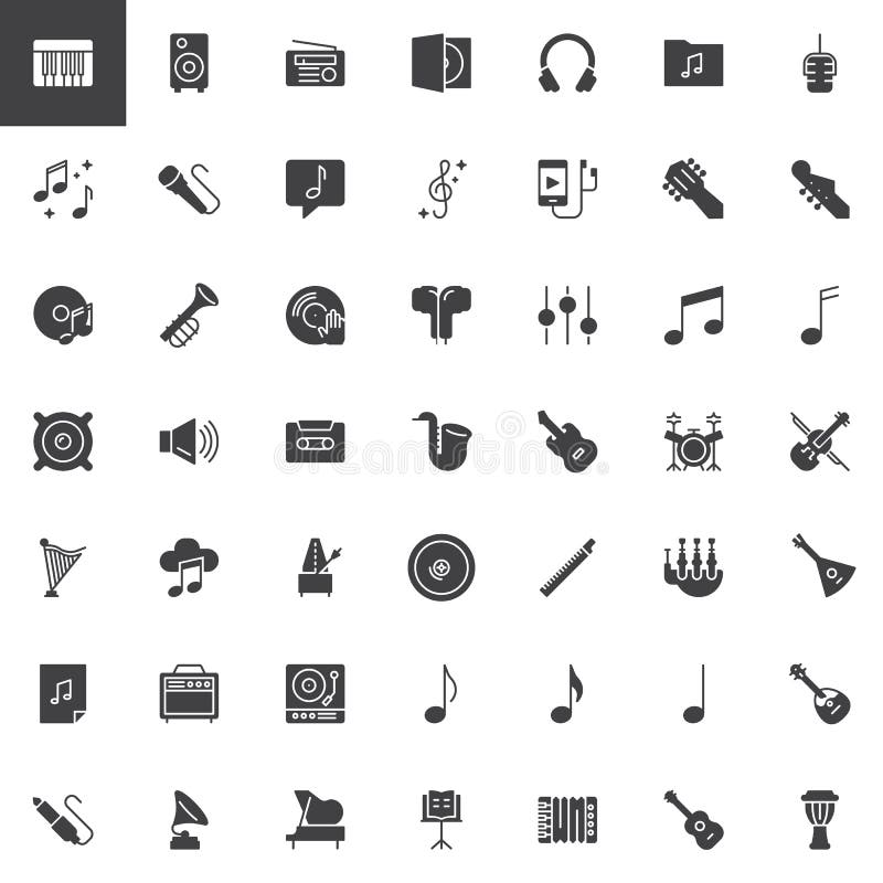 Music instruments vector icons set, modern solid symbol collection, filled style pictogram pack. Signs, logo illustration. Set includes icons as Piano key, Headphones, Microphone, Trumpet, Amplifier. Music instruments vector icons set, modern solid symbol collection, filled style pictogram pack. Signs, logo illustration. Set includes icons as Piano key, Headphones, Microphone, Trumpet, Amplifier