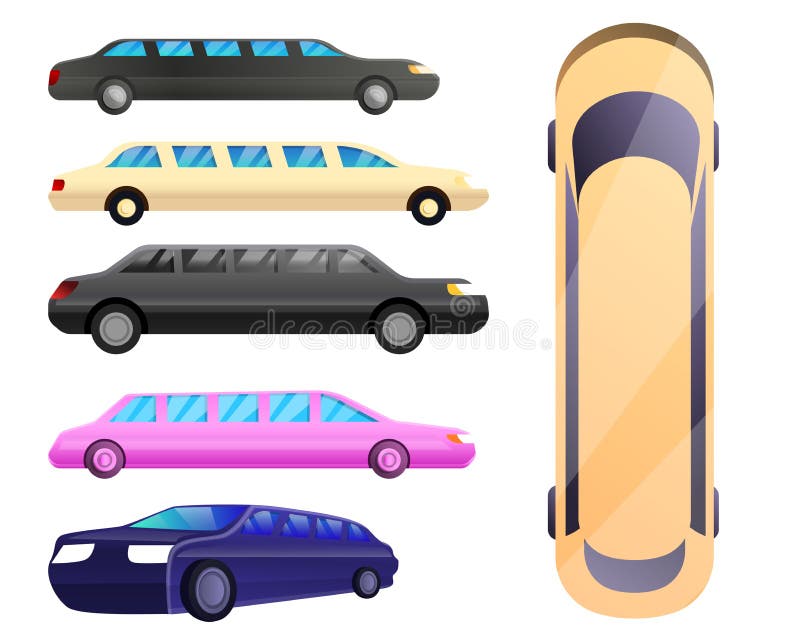 Icônes ensemble, style de limousine de bande dessinée illustration de vecteur Icônes ensemble, style de limousine de bande dessinée illustration de vecteur