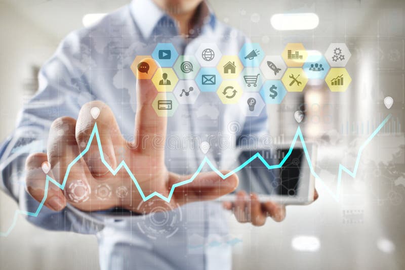 Icônes et graphiques colorés d'applications sur l'écran virtuel Concept d'affaires images stock Icônes et graphiques colorés d'applications sur l'écran virtuel Concept d'affaires images stock