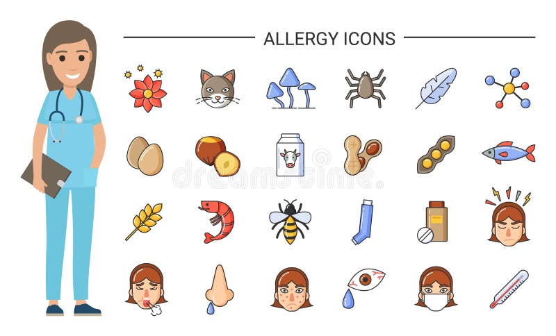 Icônes et médecin d'allergie, infirmière et traitement illustration libre de droits Icônes et médecin d'allergie, infirmière et traitement illustration libre de droits