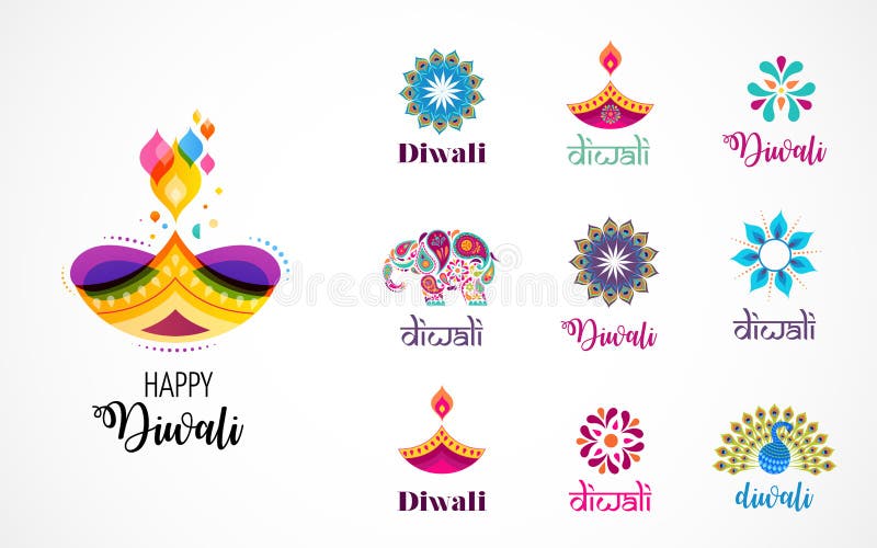 Icônes indoues heureuses de festival de Diwali, éléments, ensemble de logo Illustration brûlante de diya, festival léger d'Inde