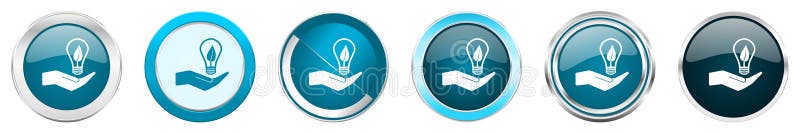 Icônes métalliques argentées de frontière de chrome d'ampoule d'écologie en main dans 6 options, réglées des boutons ronds bleus illustration stock Icônes métalliques argentées de frontière de chrome d'ampoule d'écologie en main dans 6 options, réglées des boutons ronds bleus illustration stock