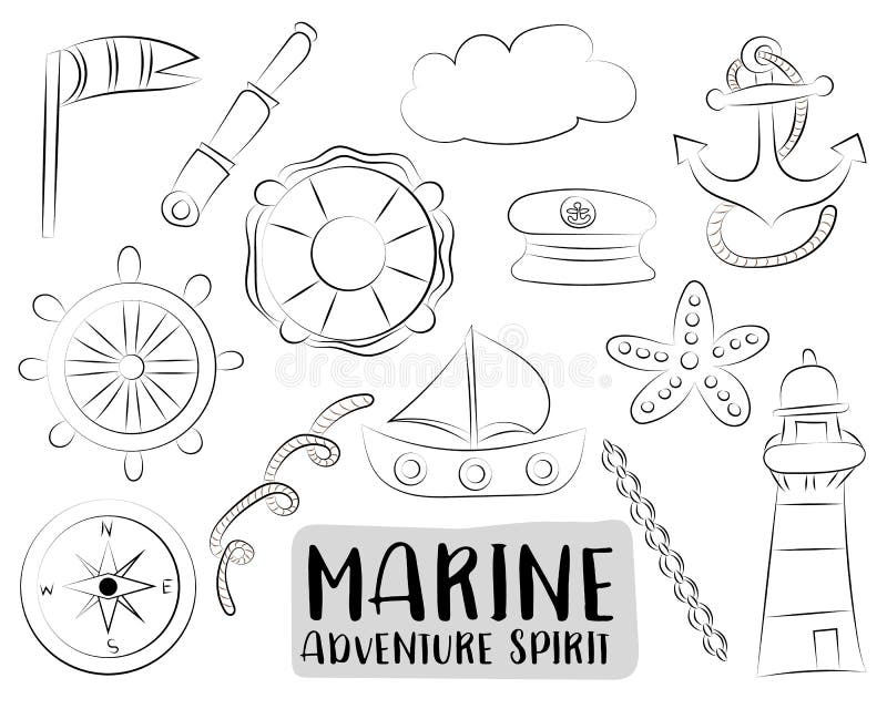 Icônes nautiques marines de voyage réglées Objets tirés par la main noirs et blancs de griffonnage d'ensemble La page de colorati illustration stock Icônes nautiques marines de voyage réglées Objets tirés par la main noirs et blancs de griffonnage d'ensemble La page de colorati illustration stock