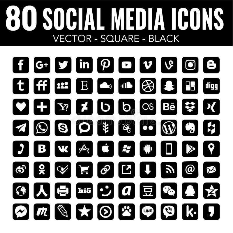 80 icônes sociales noires carrées de médias de vecteur avec les coins arrondis pour la conception graphique et la conception web