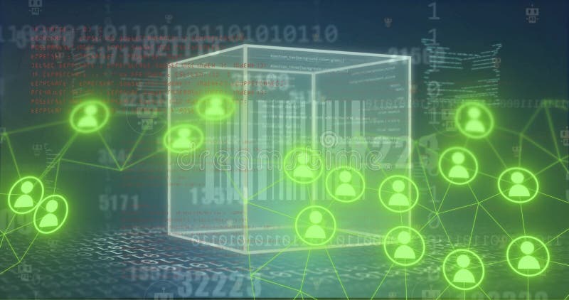 Icônes utilisateur vertes connectées par lignes sur les données numériques et l'animation de cube illustration stock