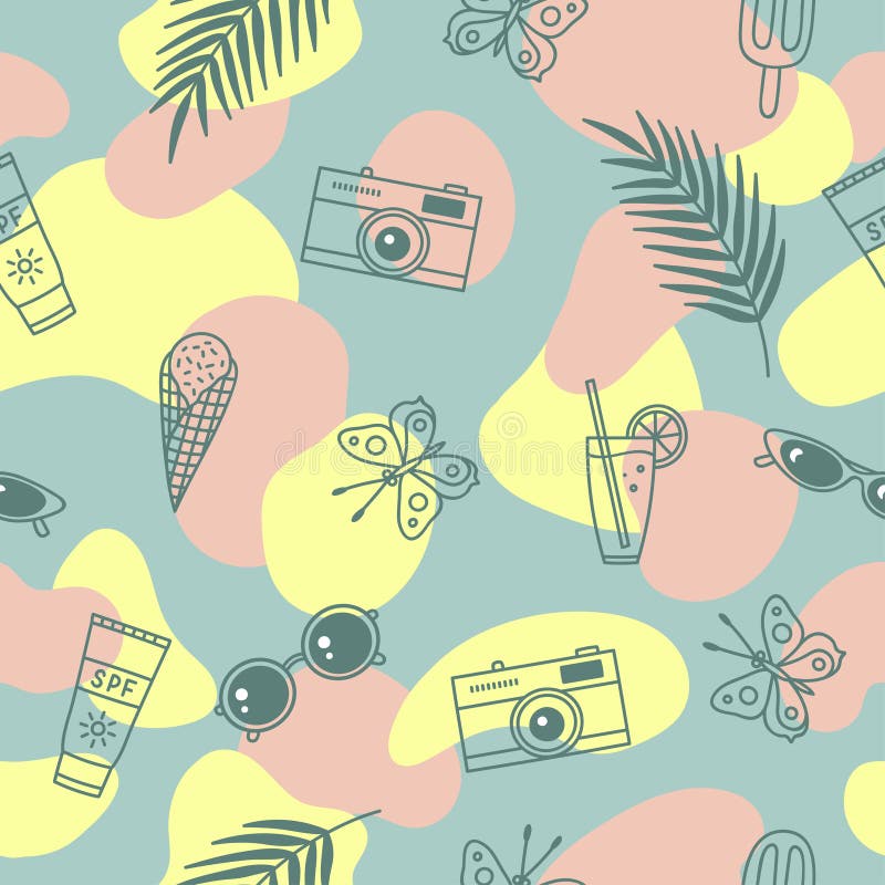 Id?rik abstrakt bakgrund Gullig s?ml?s modell med sommarsymboler stock illustrationer Id?rik abstrakt bakgrund Gullig s?ml?s modell med sommarsymboler stock illustrationer