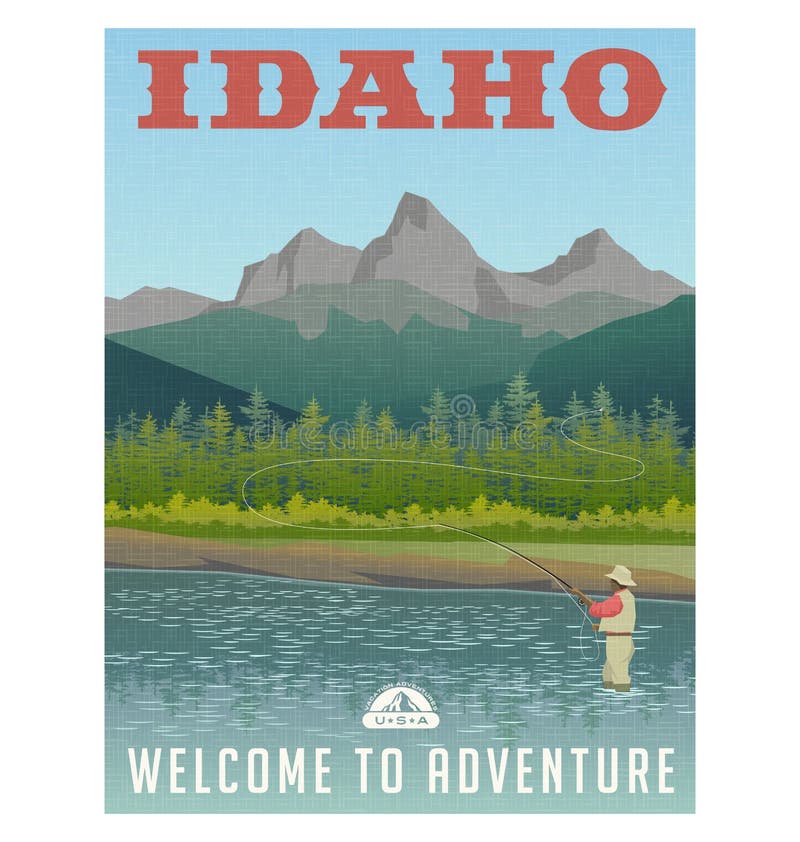 Idaho, travel poster of mountain stream and fly fishing