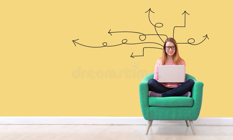 Idea arrows with woman using a laptop royalty free stock image Idea arrows with woman using a laptop royalty free stock image