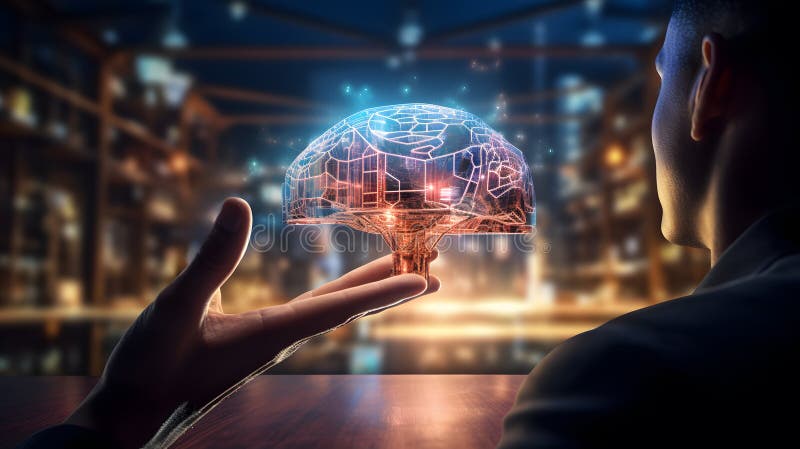 The idea of an artificial intelligence that is shaped like a brain with CPU processing chip is concept that brings together royalty free illustration