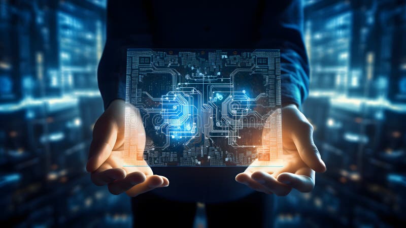 The idea of an artificial intelligence that is shaped like a brain with CPU processing chip is concept that brings together royalty free illustration