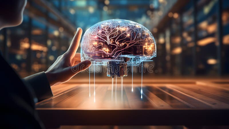 The idea of an artificial intelligence that is shaped like a brain with CPU processing chip is concept that brings together stock illustration