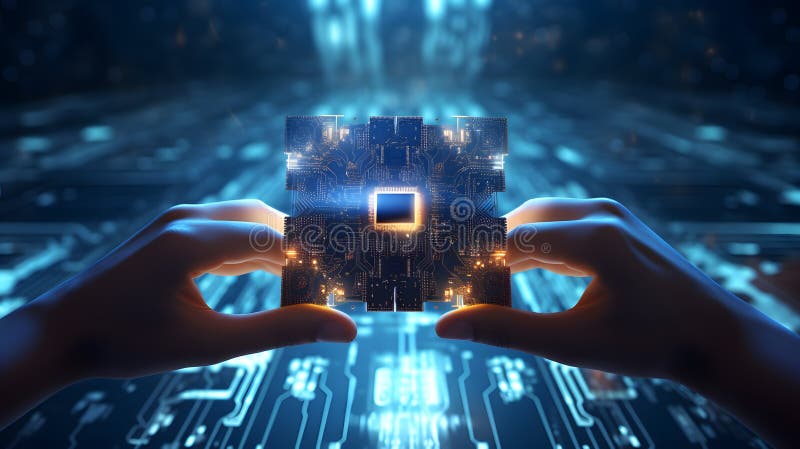 The idea of an artificial intelligence that is shaped like a brain with CPU processing chip is concept that brings together stock illustration