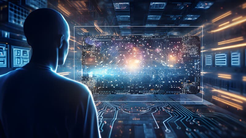 The idea of an artificial intelligence that is shaped like a brain with CPU processing chip is concept that brings together stock illustration